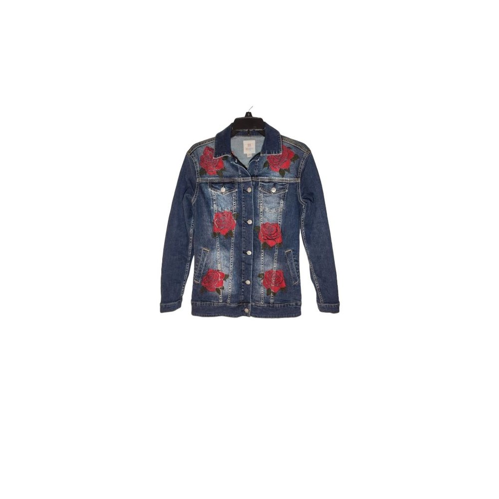 LuLaRoe Rodeo Western Cowgirlcore Jean Denim Jacket Embroidered Red Roses XS